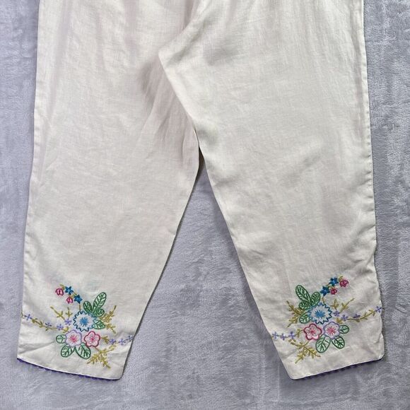 Mark, Fore & Strike Linen Pants Women's 12 Cream Embroidered Hems Floral Spring - Picture 12 of 16